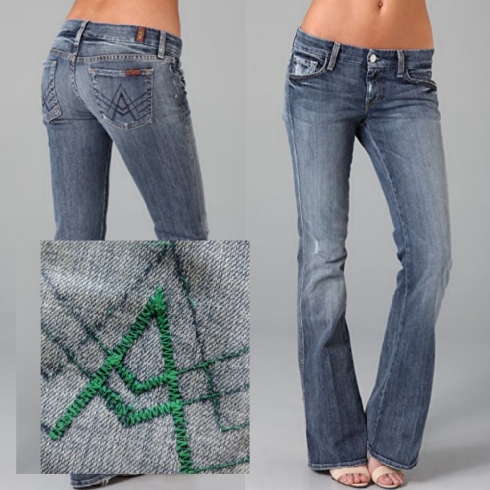 RARE 7FAM Green Windsor (ELE) A-Pocket Flare Jeans 31